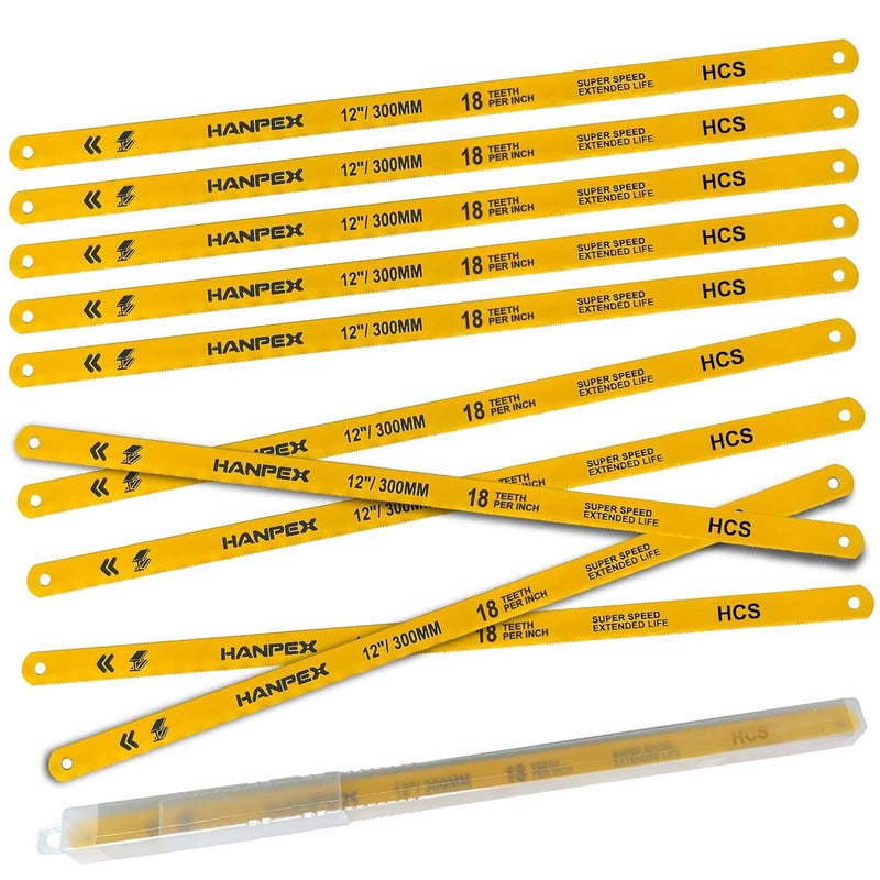 Hanpex Hacksaw Replacement Blades (10 Pack) High Speed 18 TPI - 12" Length Hack Saw Blade - High Carbon Steel (HCS) Cutting Blades - Image 1